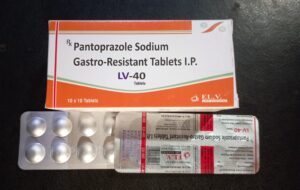 Blister pack and box of LV-40 Pantoprazole Sodium Gastro-Resistant Tablets by E.L.V. Life Sciences