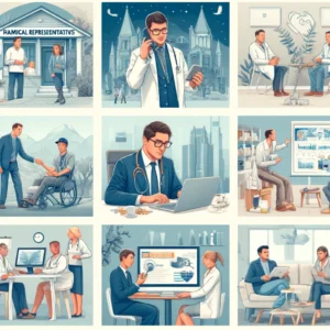 Collage of a Medical Representative involved in various side income activities: managing a Pharma franchise, real estate collaboration, creating online content on a laptop, consulting in an office, and digital marketing for healthcare providers.