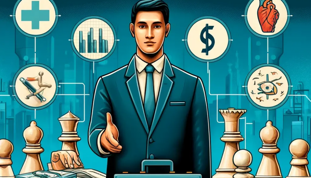 Cover image for a guide on Medical Representative careers, showing icons of a briefcase, handshake, person presenting data, Indian currency, warning sign, and a chess piece, representing job opportunities, roles, salary, mistakes, and strategies in India respectively.