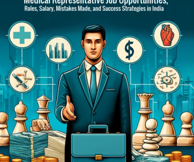 Cover image for a guide on Medical Representative careers, showing icons of a briefcase, handshake, person presenting data, Indian currency, warning sign, and a chess piece, representing job opportunities, roles, salary, mistakes, and strategies in India respectively.