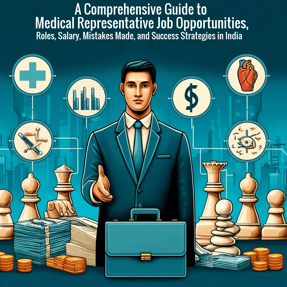 Cover image for a guide on Medical Representative careers, showing icons of a briefcase, handshake, person presenting data, Indian currency, warning sign, and a chess piece, representing job opportunities, roles, salary, mistakes, and strategies in India respectively.