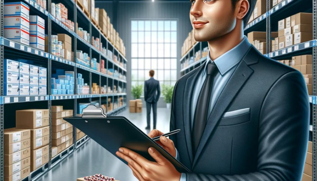 Picture of a modern pharmacy warehouse with a man in a business suit inspecting medical supplies. The title "How to Become a Pharmaceutical Distributor in India" is displayed at the top.