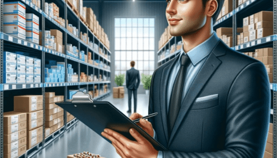 Picture of A Pharmaceutical distribution warehouse Picture of a modern pharmacy warehouse with a man in a business suit inspecting medical supplies. The title "How to Become a Pharmaceutical Distributor in India" is displayed at the top.
