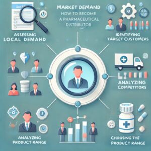 Picture depicting the four steps to understanding market demand for becoming a pharmaceutical distributor in India, with icons representing each step in a circular flow format