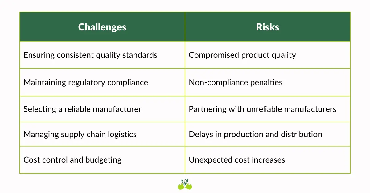 Table listing 5 challenges and 5 risks in third-party pharmaceutical manufacturing.