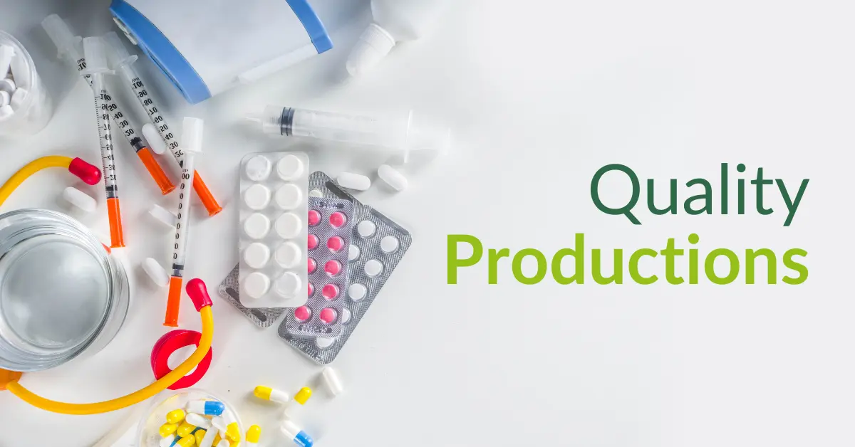 High-quality medicine production with images of tablets, syrups, and injectable solutions, highlighting efficient third-party manufacturing processes.