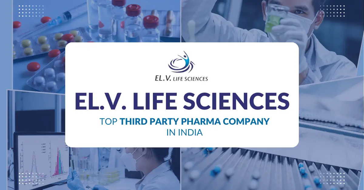 ELV Life Sciences logo with behind-the-scenes quality production and various medicines like tablets, syrups, and injections.