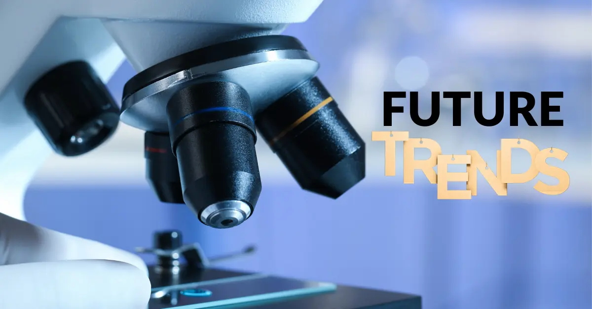 Advanced microscope used in pharmaceutical research to study future trends in medicine.