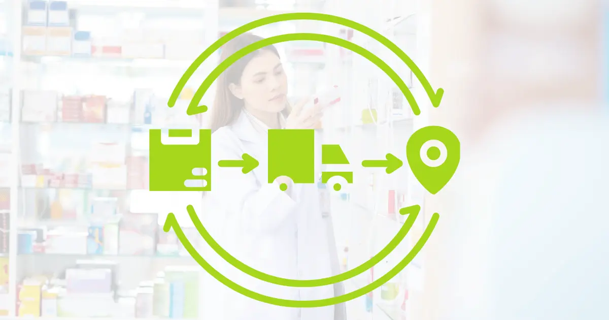 A graphical representation of pharmaceutical distribution challenges with solutions, emphasizing supply chain management and inventory tracking.