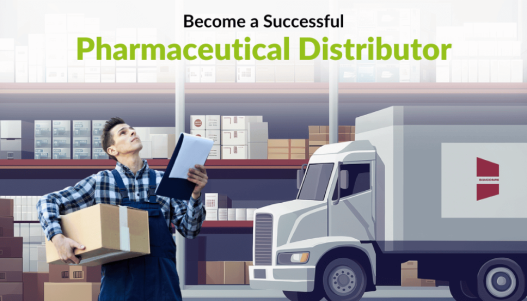 Pharmaceutical distributor inspecting inventory in a warehouse with a delivery truck in the background.