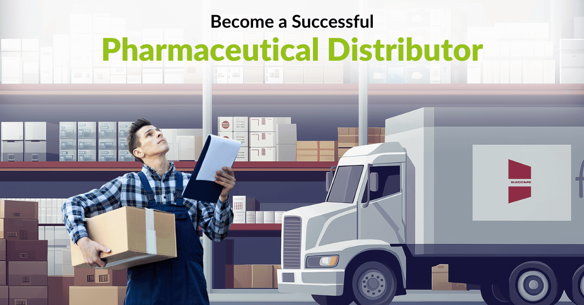 Pharmaceutical distributor inspecting inventory in a warehouse with a delivery truck in the background.