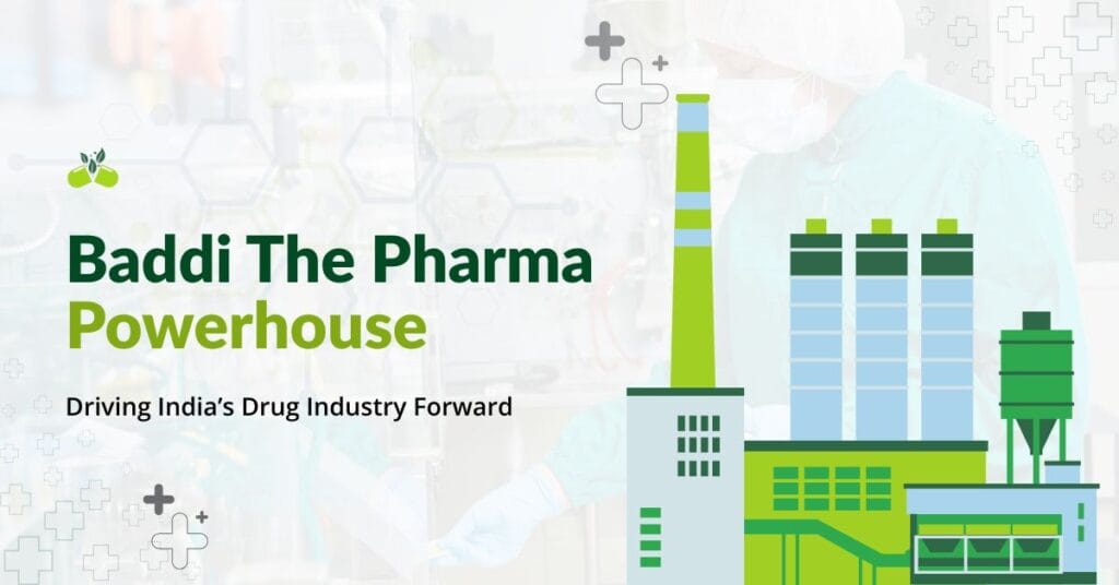 Graphic representation of the pharmaceutical industry with icons of medical things, lab equipment, and production in the background, highlighting Baddi’s pharma strength