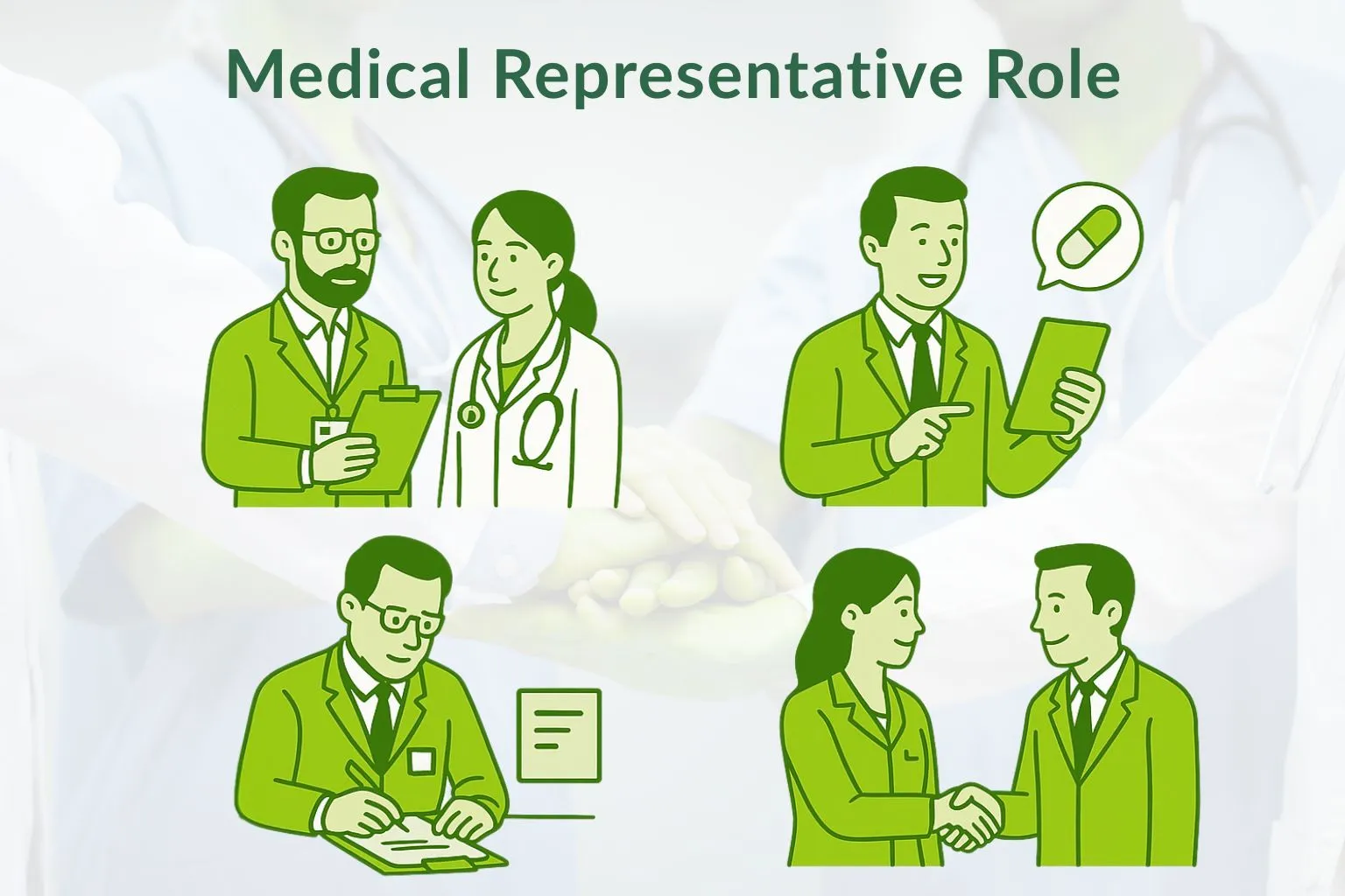 Illustration showing a team of medical professionals discussing and collaborating, representing the role of a medical representative.