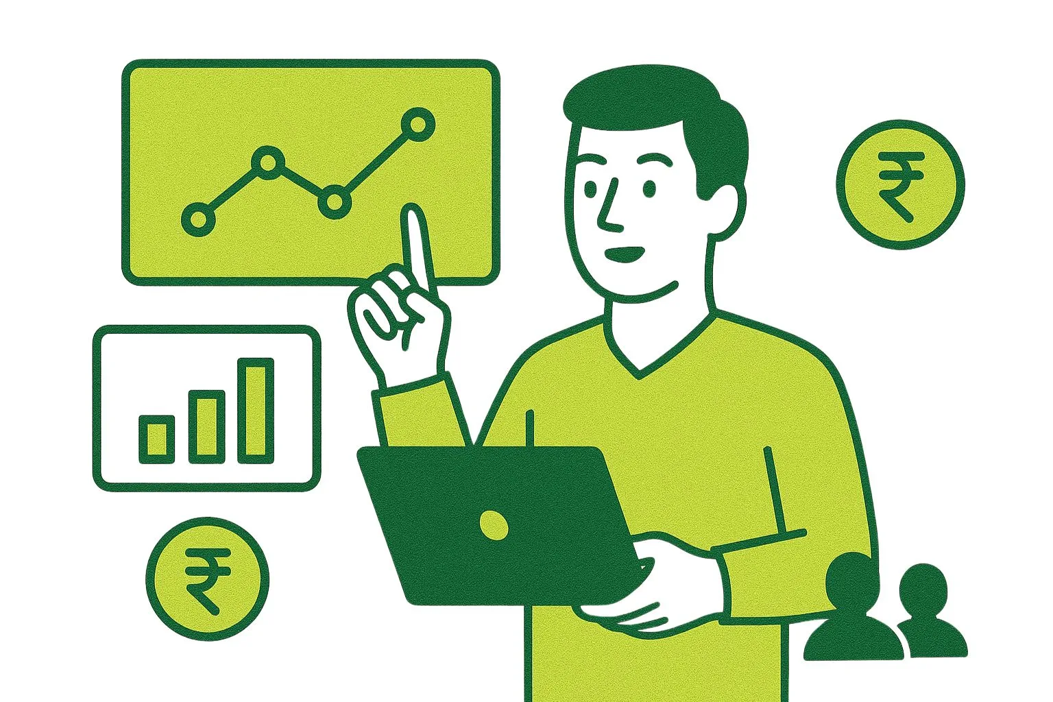 Illustration of a happy businessman with open arms surrounded by pharma-related icons, representing clarity in PTR and PTS pricing strategy.