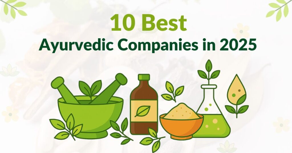10 Best Ayurvedic Companies in 2025 – Bold text on herbal-themed background representing natural wellness and Ayurveda.