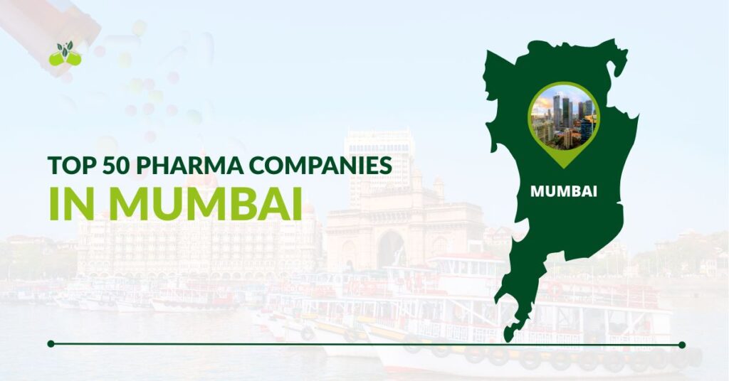Image with Mumbai Map and also pointed to mumbai with text top 50 pharma companies in Mumbai.