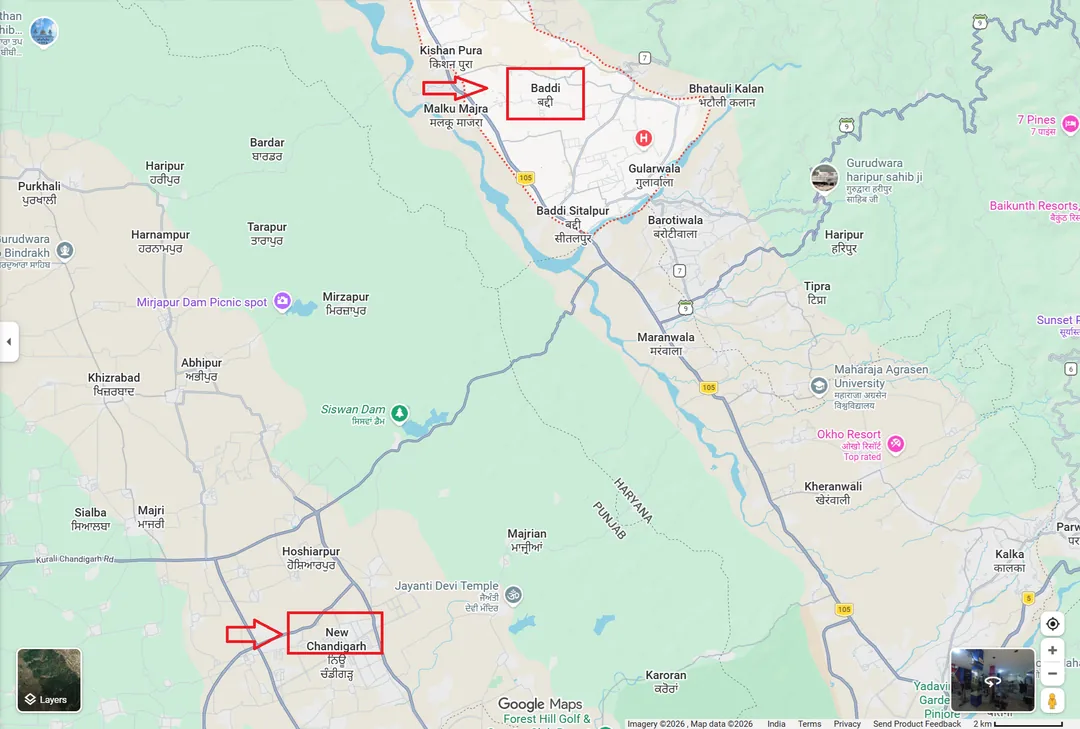 Map showing Baddi's location in Solan district, HP, about 35 km from Chandigarh on NH-21A.