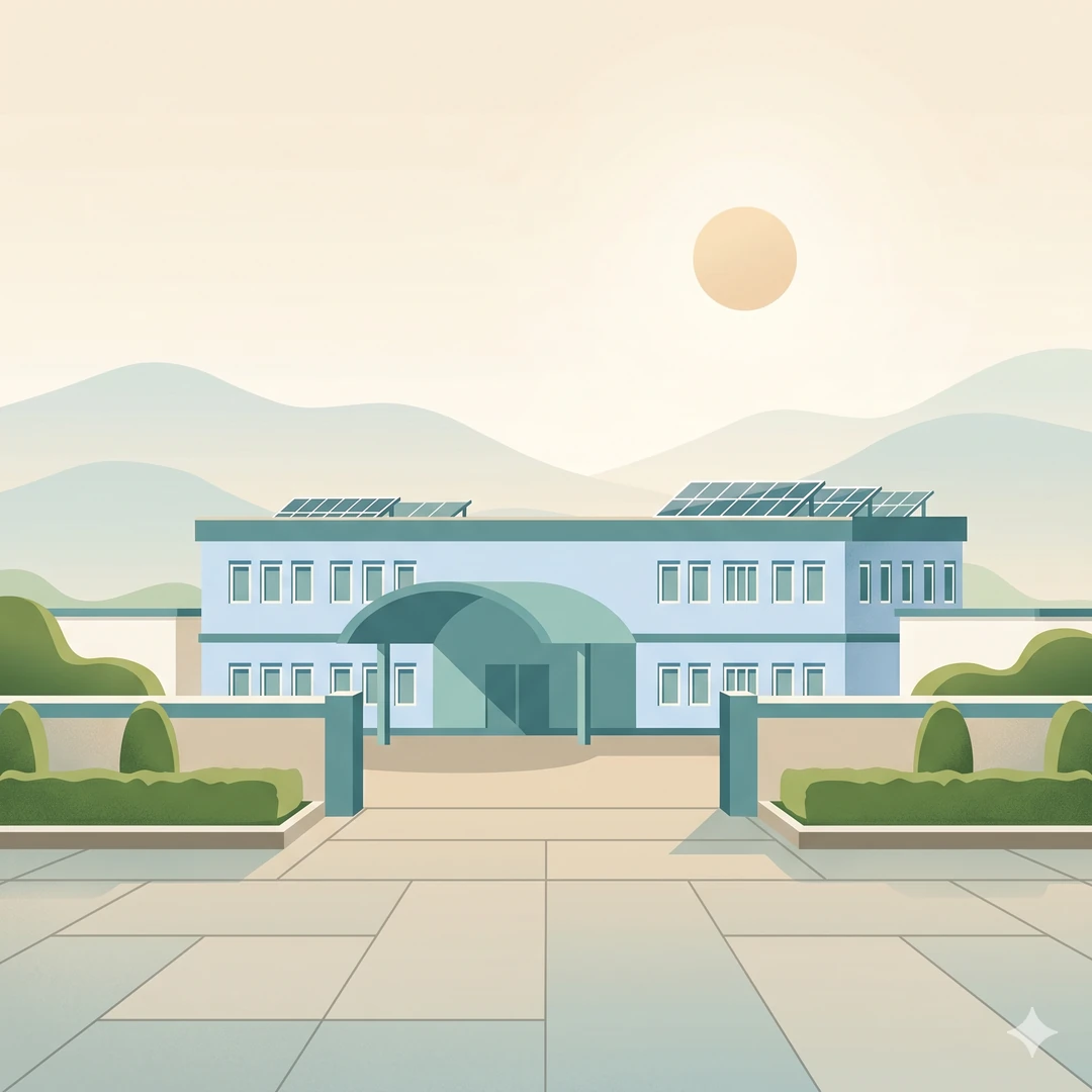 Illustration of a Baddi pharma manufacturing facility with solar panels and Himalayan backdrop.
