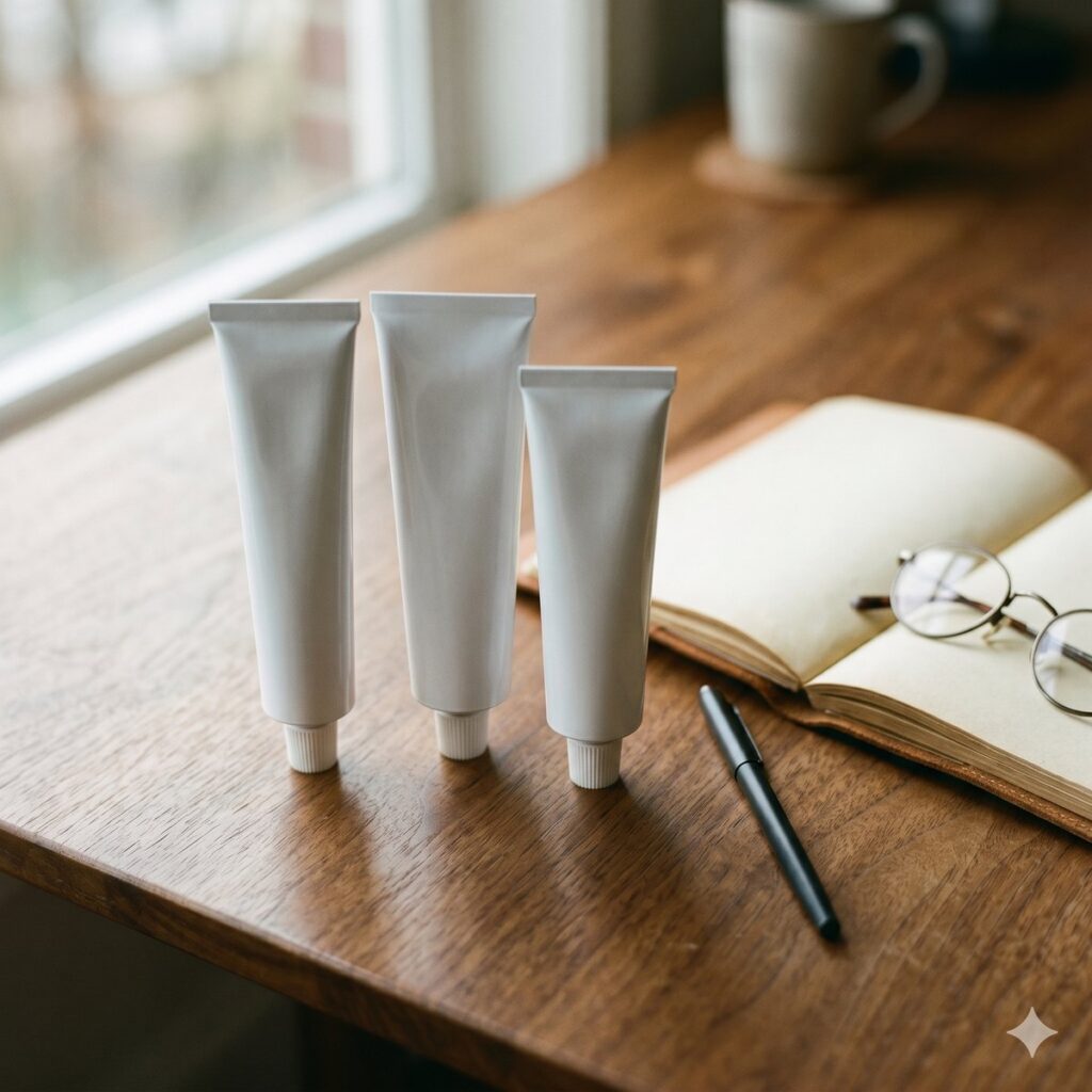 Side-by-side comparison of Benoquin, Albaquin and Uniqueen Indian monobenzone brands on a research desk with notebook.