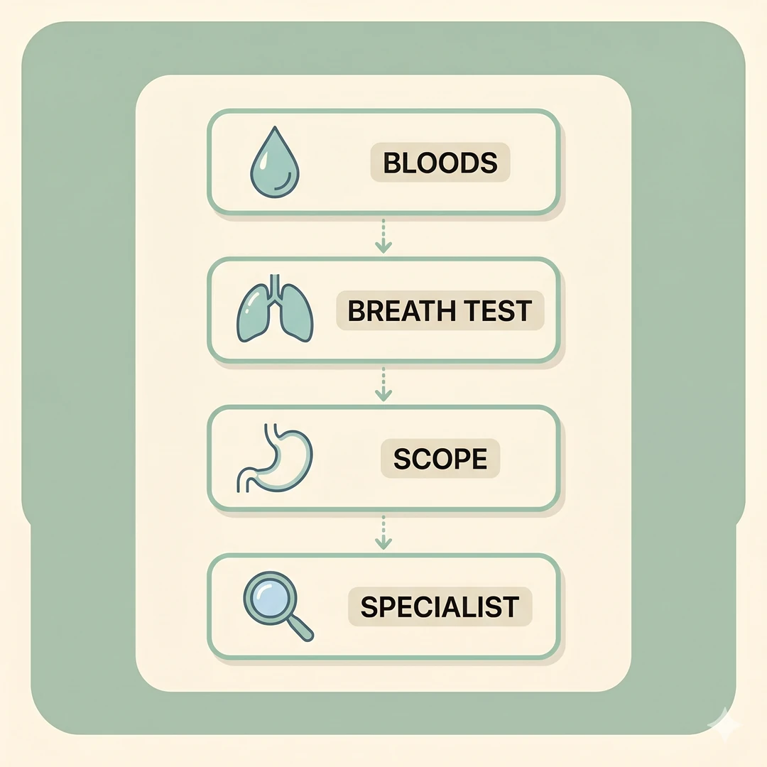 Four-step diagnostic workflow for bloating: bloods, breath test, scope, specialist referral