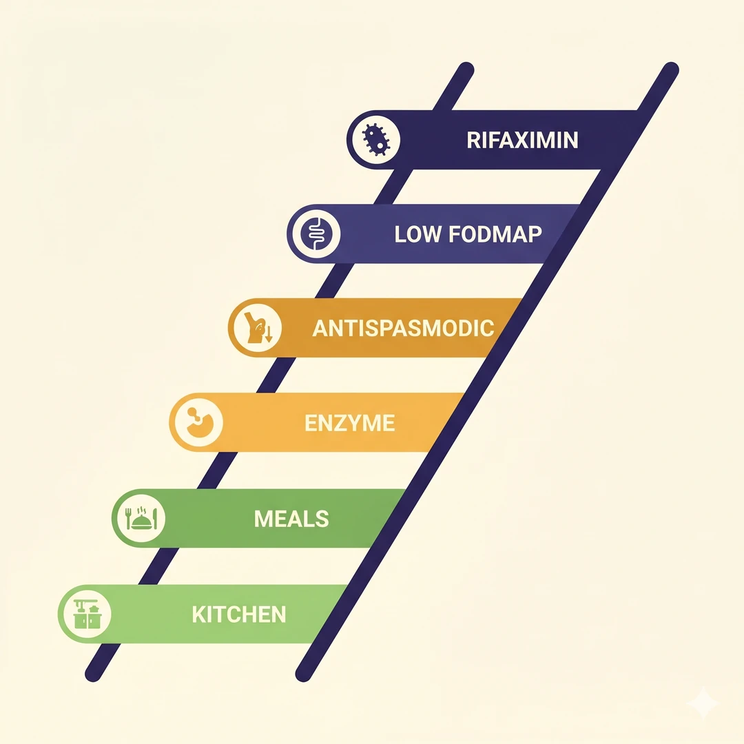 Six-rung treatment ladder from kitchen fixes, meals, enzyme, antispasmodic, low FODMAP to rifaximin