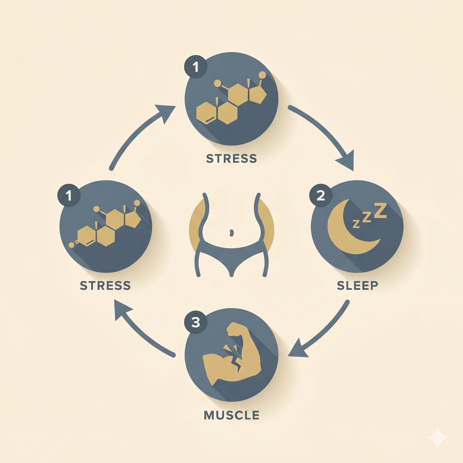 Cycle diagram showing stress, sleep loss and muscle loss driving belly fat in calorie deficits