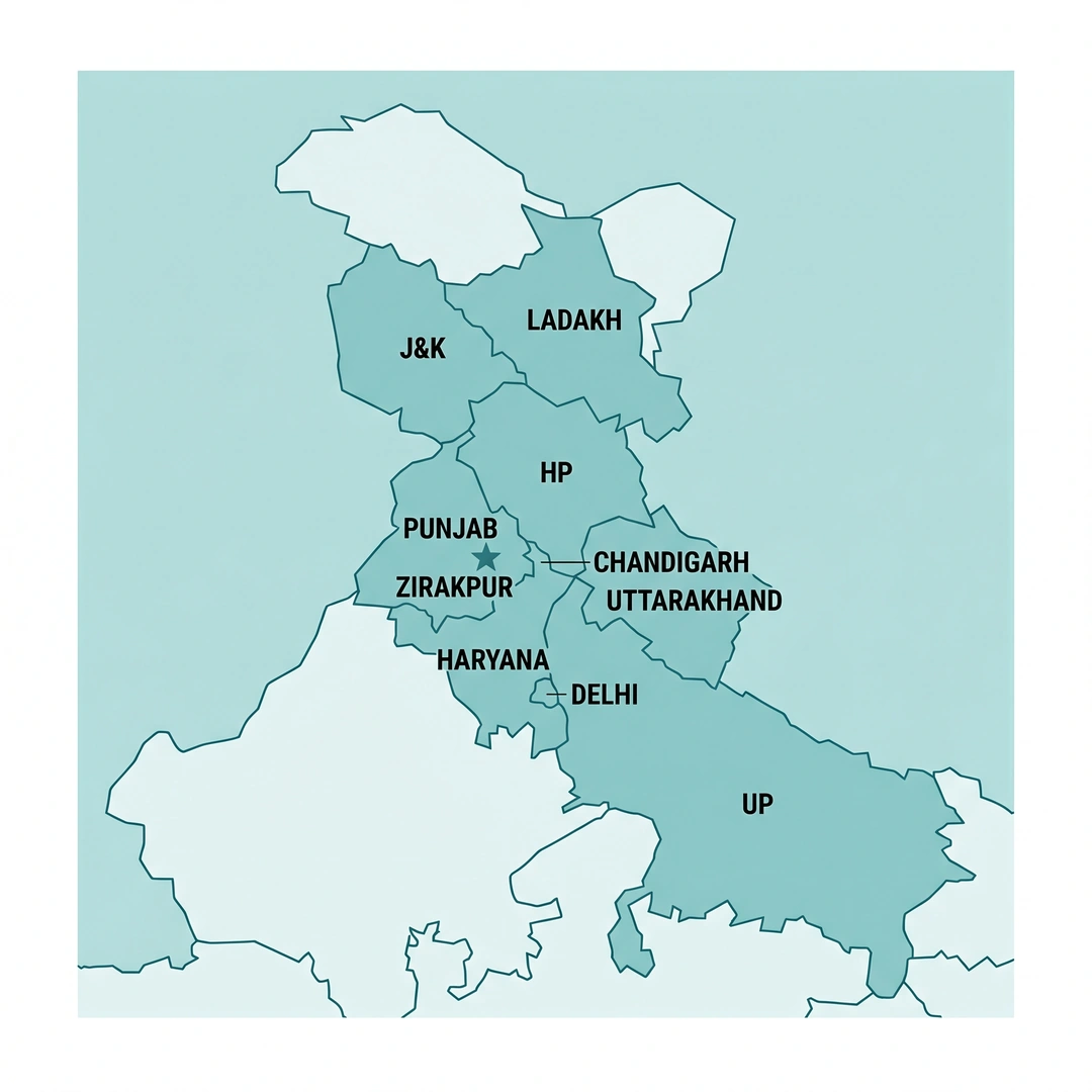 Stylised map of CDSCO North Zone Ghaziabad jurisdiction covering Punjab, Haryana, HP, Uttarakhand, Delhi, UP, J&K, Ladakh and Chandigarh, with Zirakpur marked