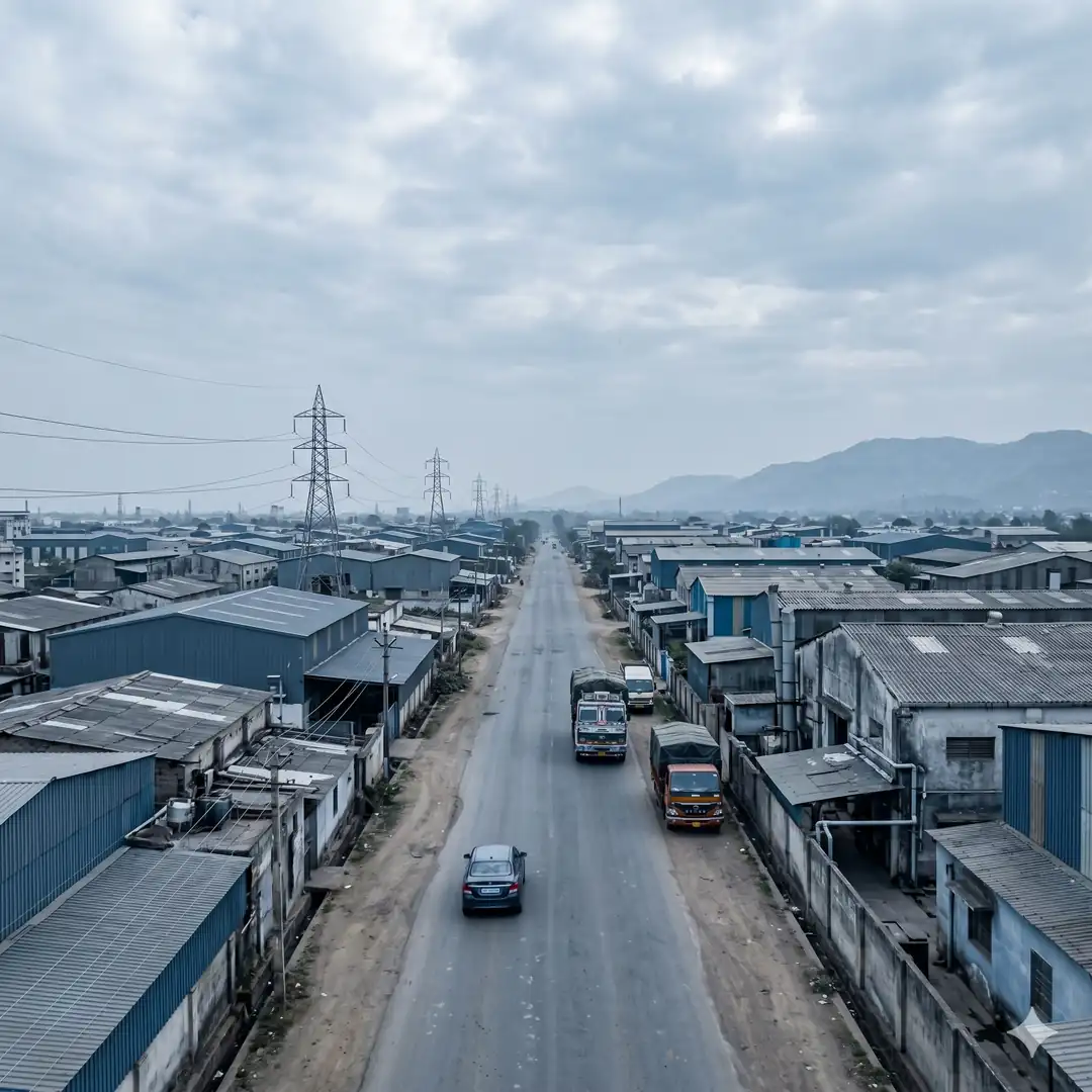 Industrial highway corridor connecting Chandigarh, Mohali and Baddi with low warehouses and distant Himalayan foothills