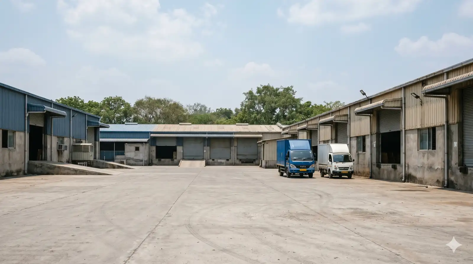 Wide view of an Indian GIDC-style industrial estate with warehouses and trucks