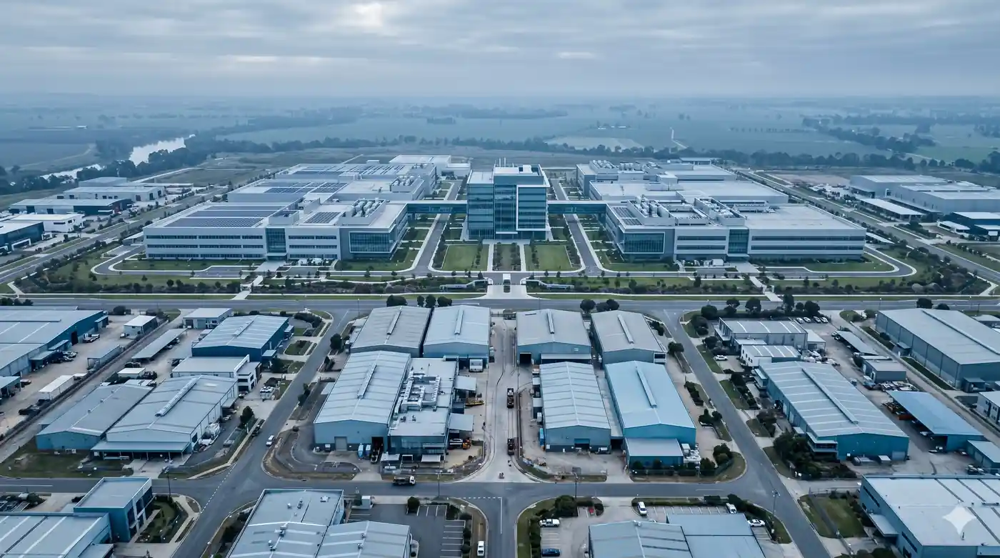 Aerial view of small Changodar pharma plants next to a large flagship pharmaceutical campus