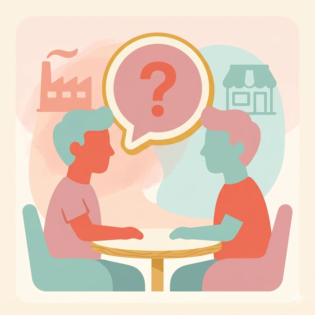 Illustration of a brand owner and a manufacturer in a question and answer conversation