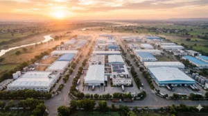 Aerial sunrise view of an Indian pharmaceutical industrial corridor near Ahmedabad