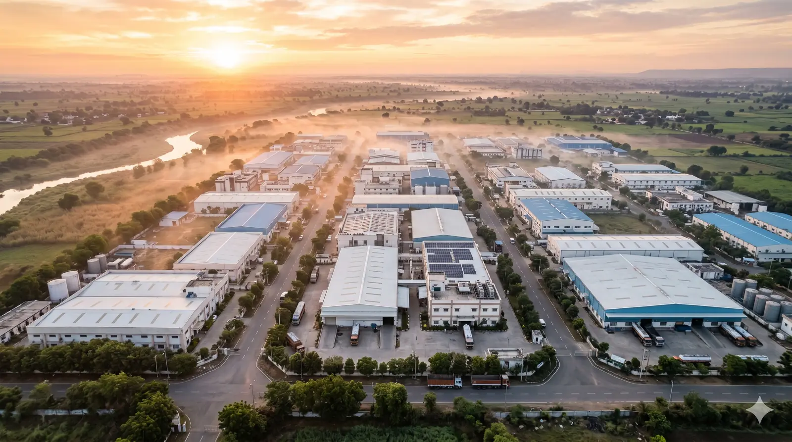 Aerial sunrise view of an Indian pharmaceutical industrial corridor near Ahmedabad