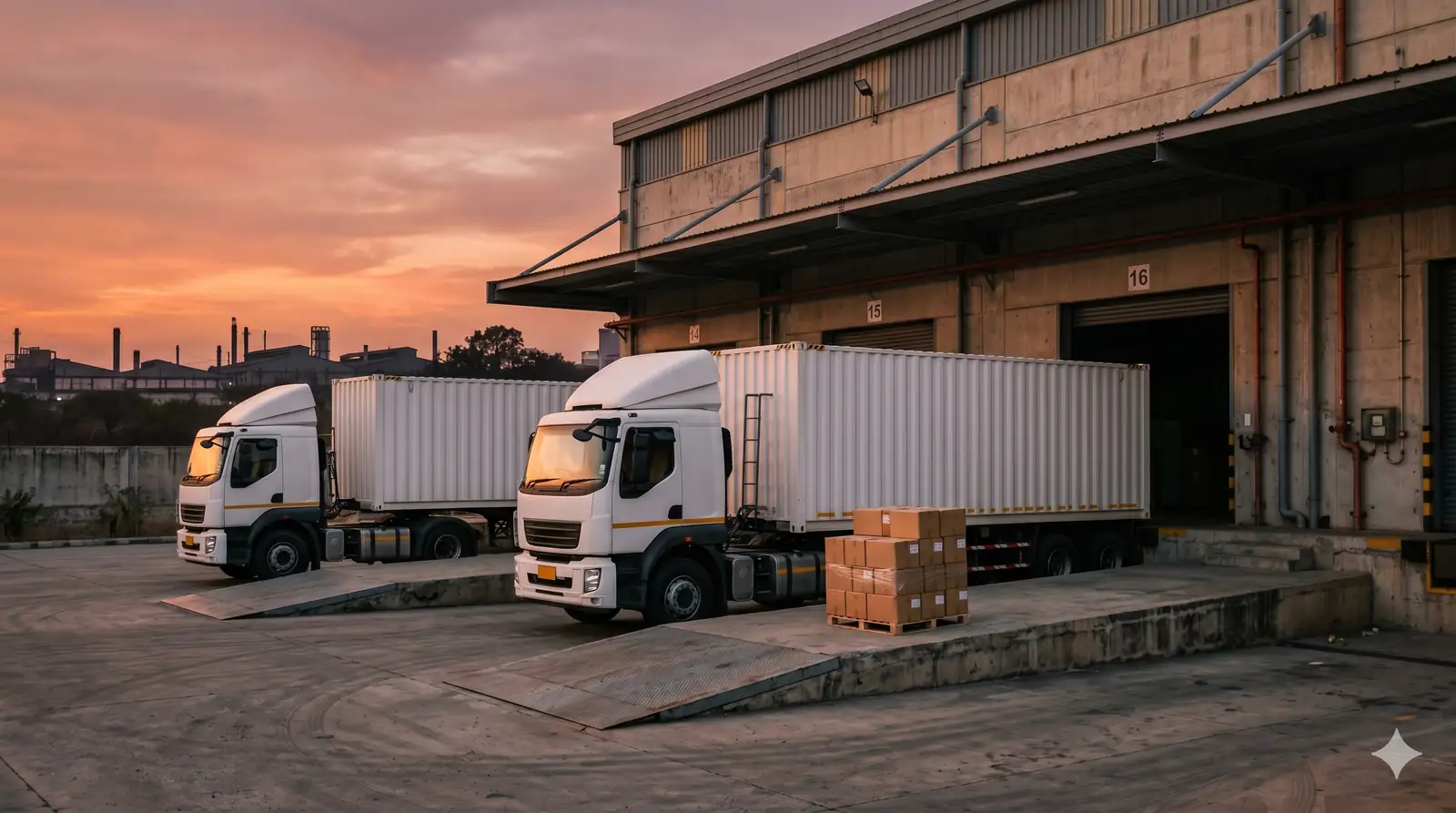 Cargo trucks at a pharmaceutical warehouse loading bay at sunset