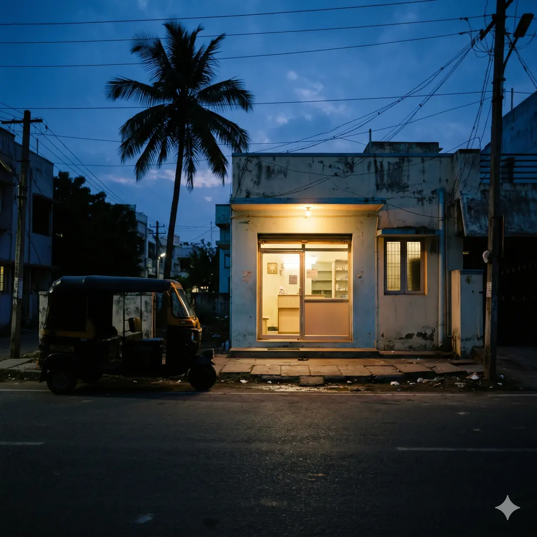 Small Indian neighbourhood clinic at dusk with warm light at the entrance and palm tree