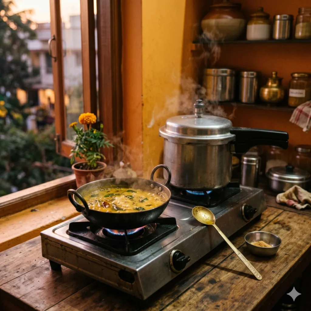 Indian home kitchen at dusk with pressure cooker and kadai of yellow dal simmering on a gas stove