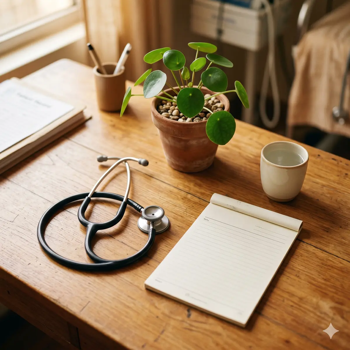 Indian doctor desk with stethoscope, blank prescription pad and plant in warm afternoon light