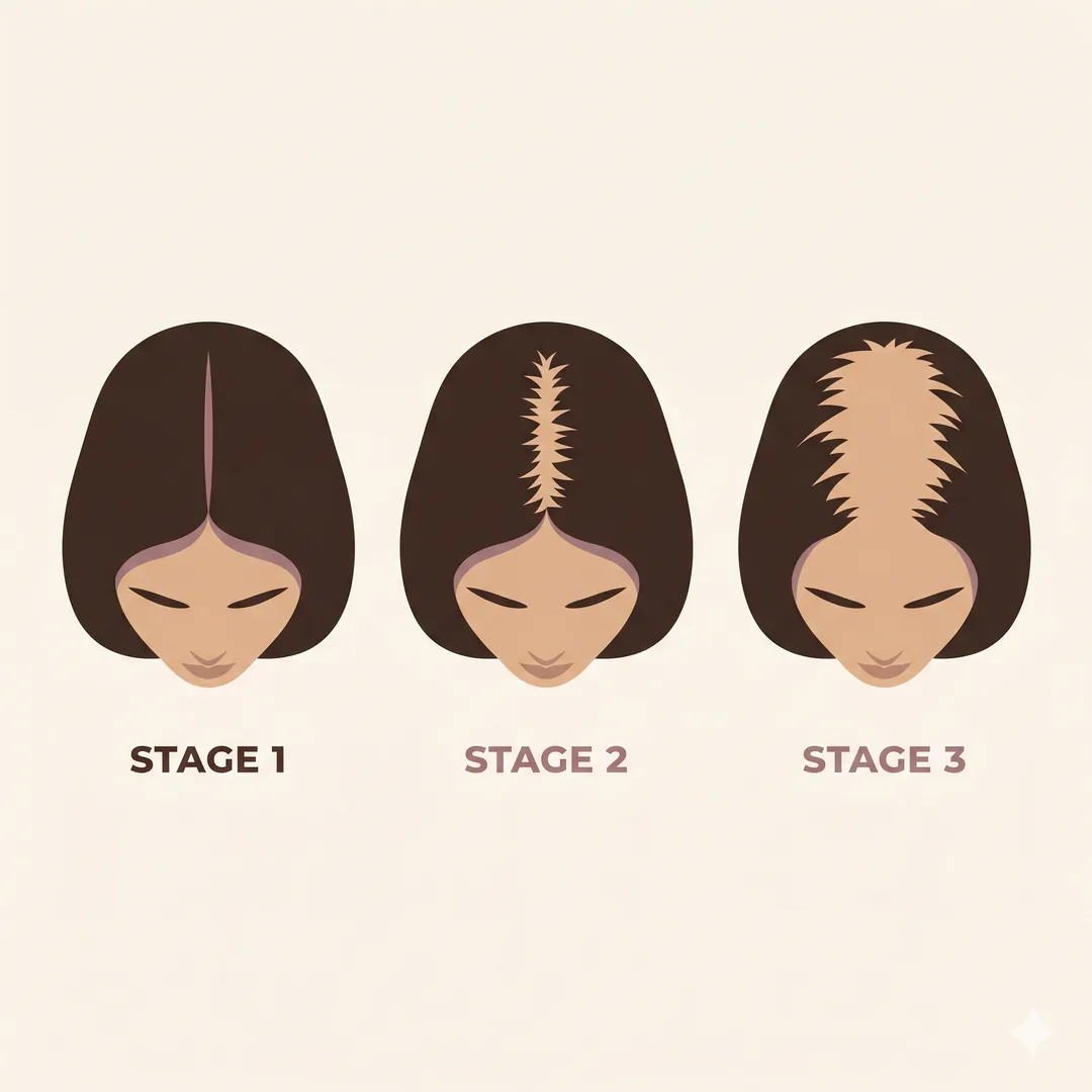 Three top-down silhouettes showing Ludwig stages 1, 2 and 3 of female pattern hair loss with widening parting