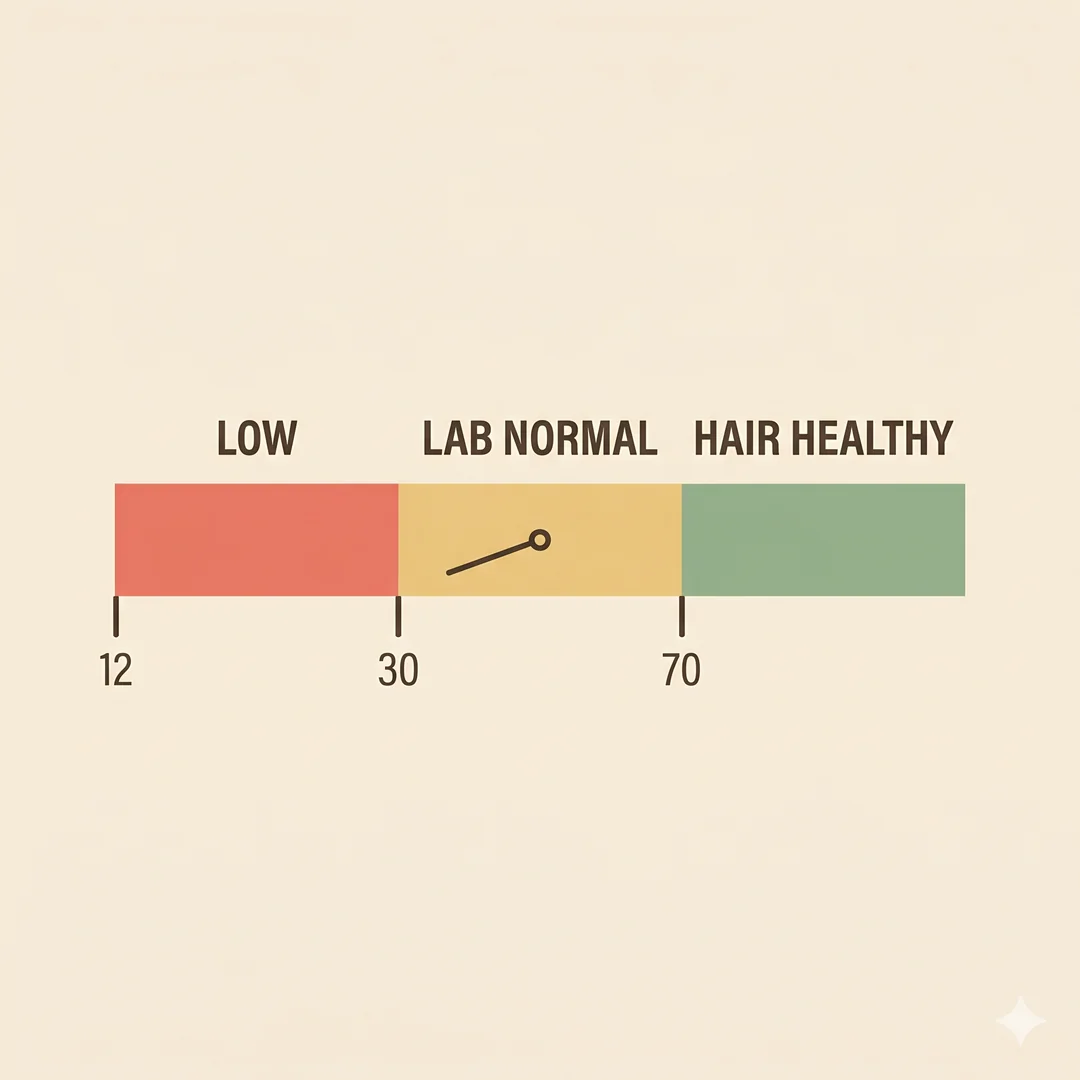 Ferritin range gauge showing 12 to 30 marked lab normal and 70 plus marked hair healthy