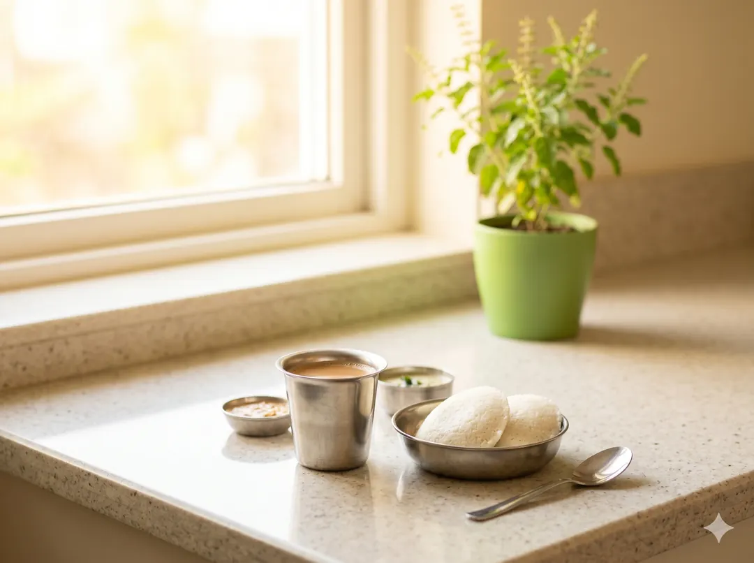 Clean Indian kitchen counter at sunrise with chai and idlis but no medicine, representing life after deprescribing Pan-40.