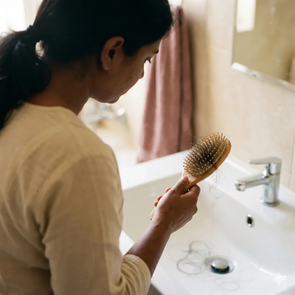 Indian woman in her early 30s looking at hair fall on her hairbrush in a bathroom mirror, soft morning light