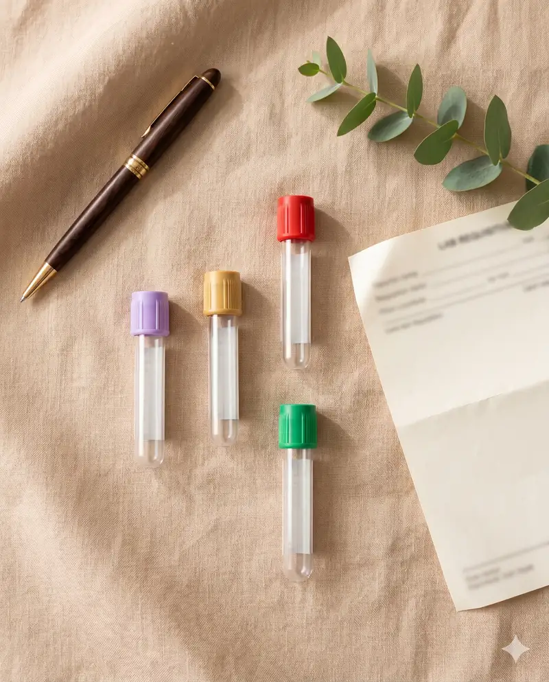 Four blood collection vials and a lab requisition form for hair fall diagnostic workup