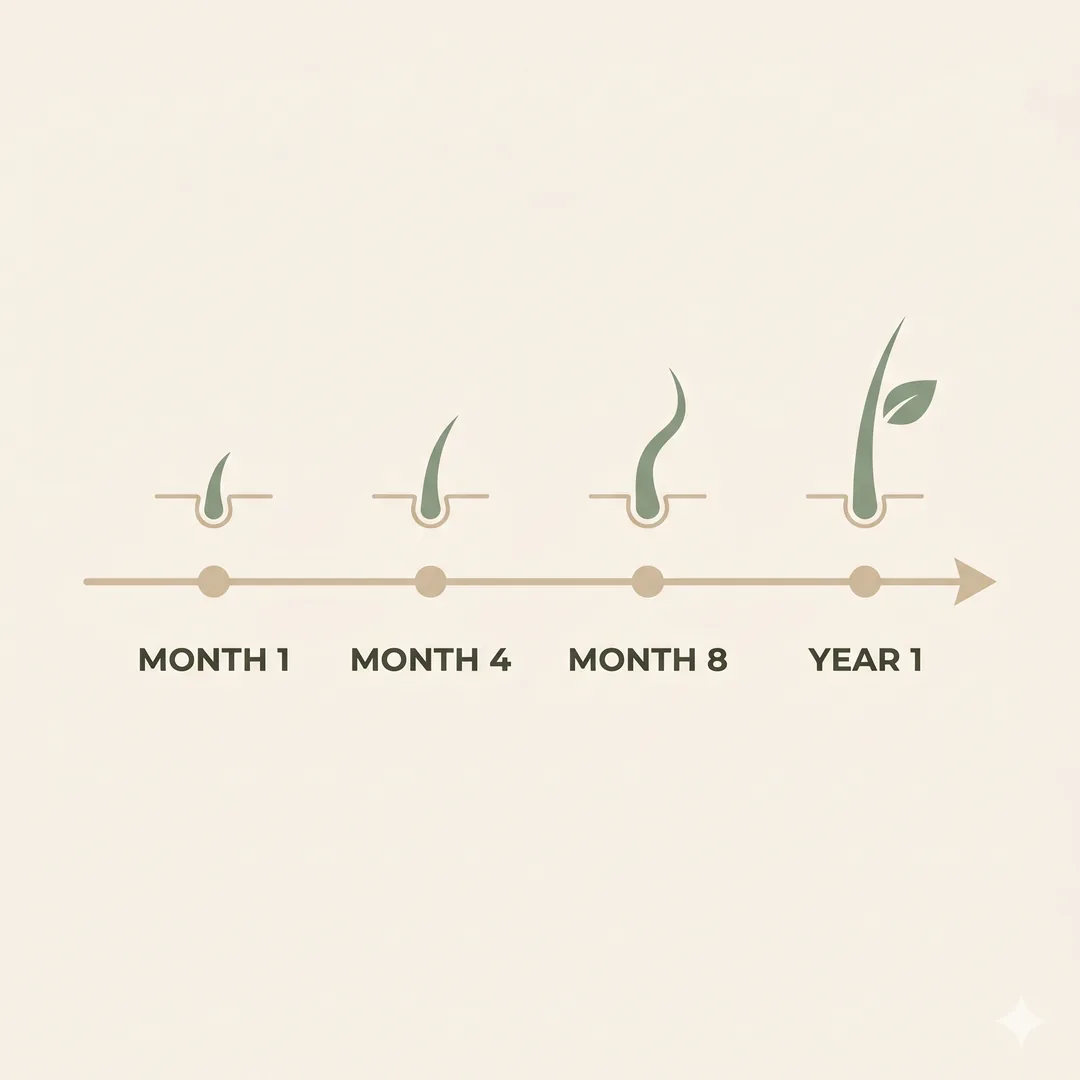 Hair growth recovery timeline with four stages from month 1 to year 1 showing strands growing taller