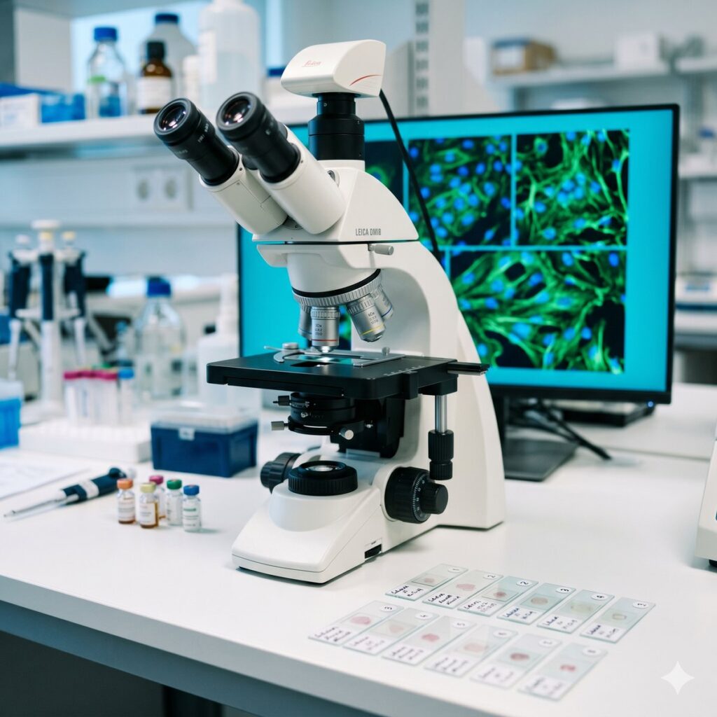 Dermatology research microscope examining melanocyte biology — how monobenzone destroys pigment cells.