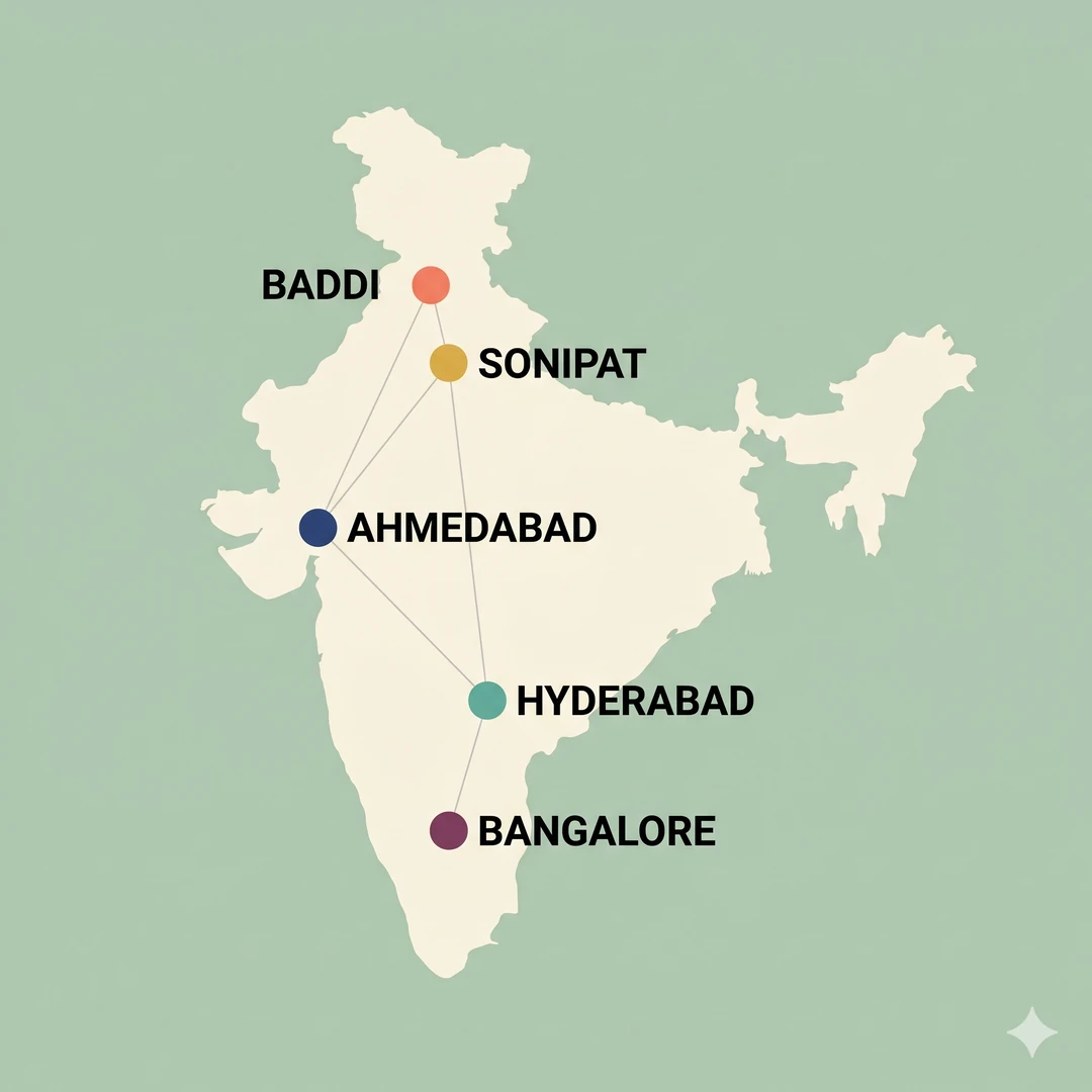 Map of India showing major pharmaceutical manufacturing clusters Baddi Sonipat Ahmedabad Hyderabad Bangalore
