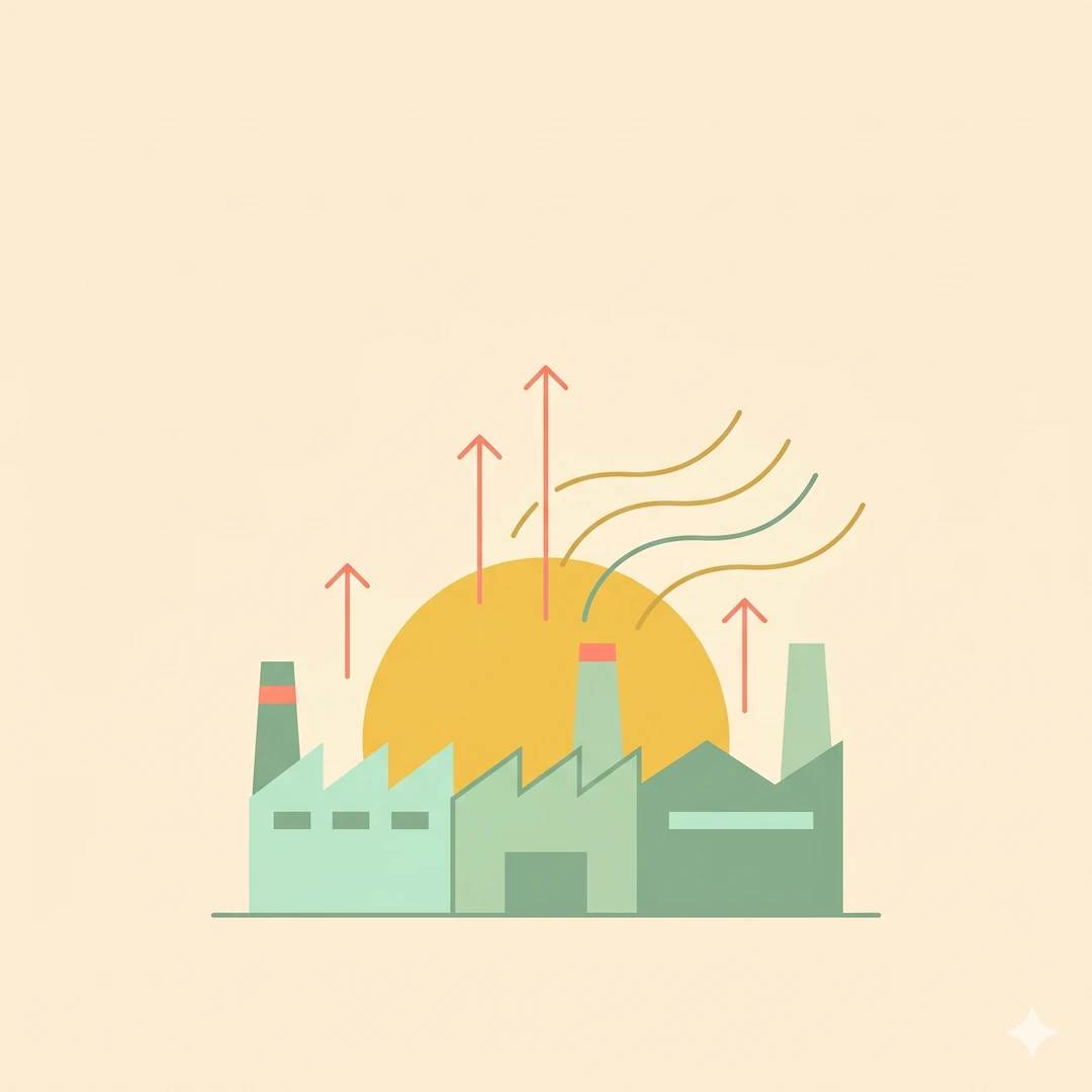 Illustration of Indian pharma manufacturing future outlook with sunrise behind factories
