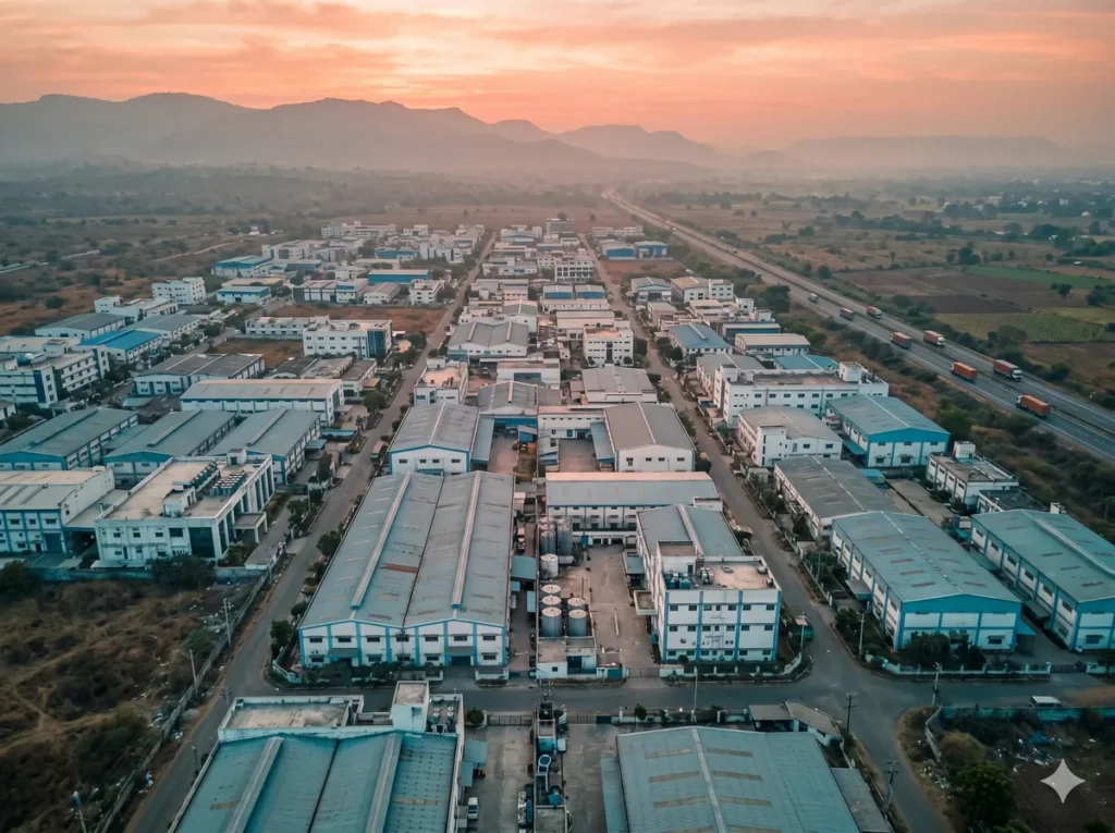Aerial sunrise view of Indian pharmaceutical industrial belt with factories and Himalayan foothills