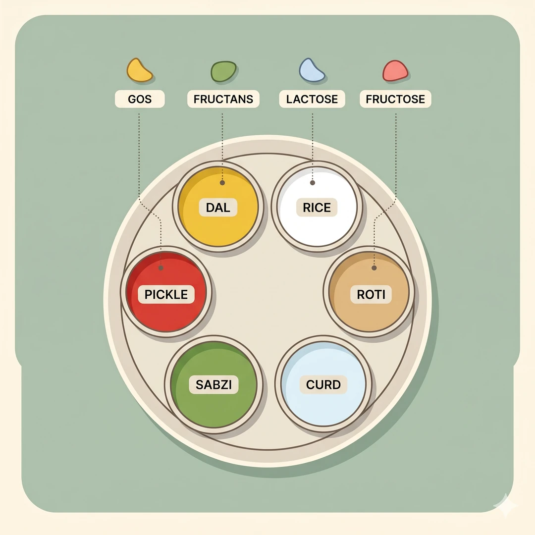 Indian thali illustration with dal, rice, roti, curd, sabzi, pickle and FODMAP labels for each