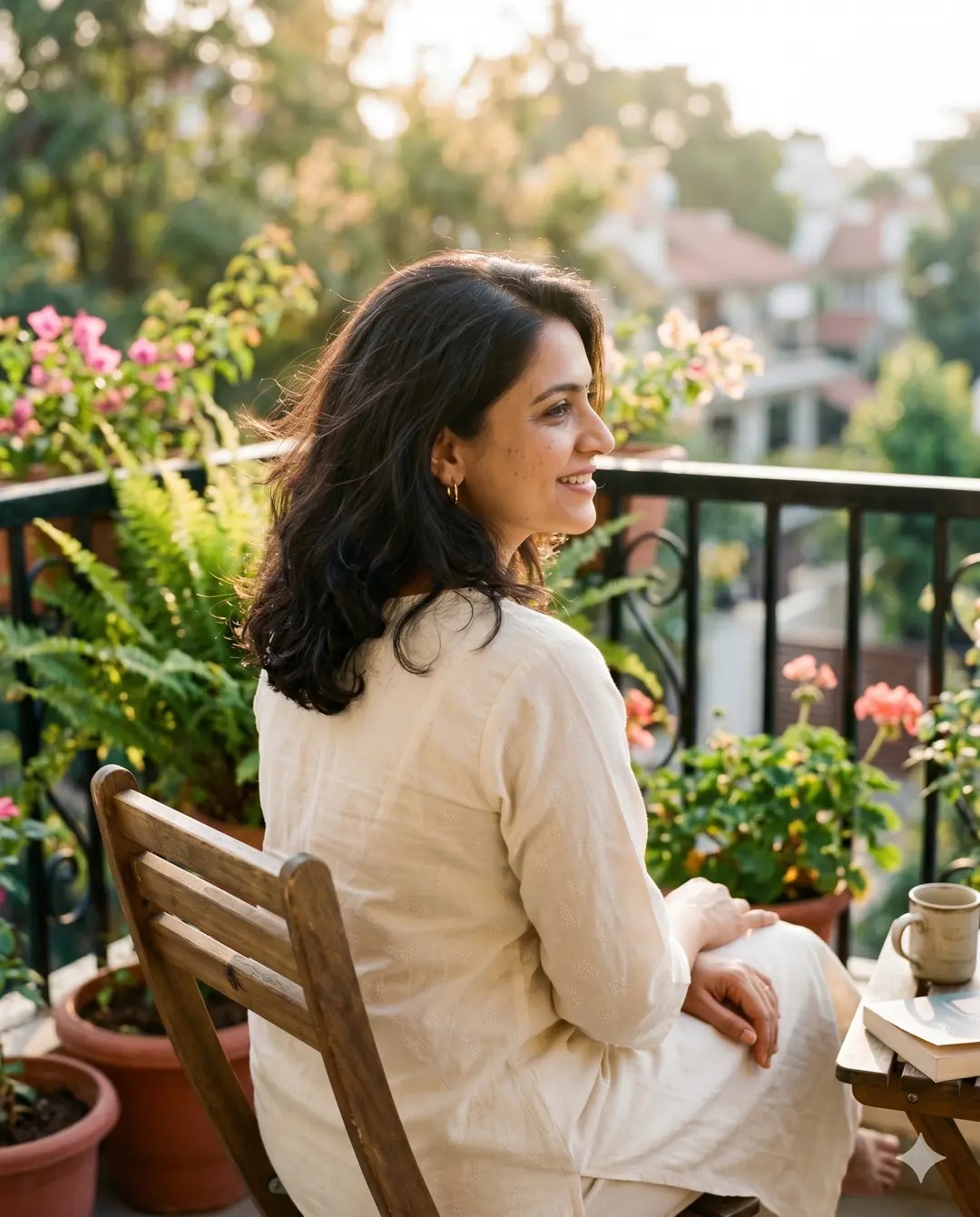 Indian woman in her mid-30s on a sunlit balcony with healthy dark wavy hair and visible crown density