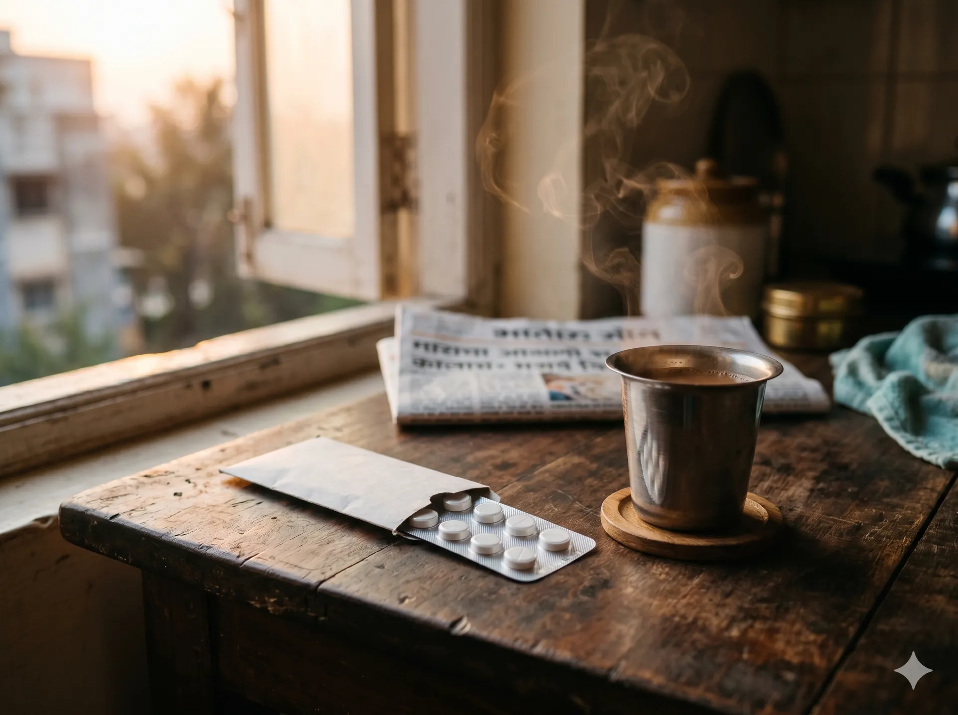 Glass of water on Indian kitchen counter at sunrise — symbolising the morning isabgol routine